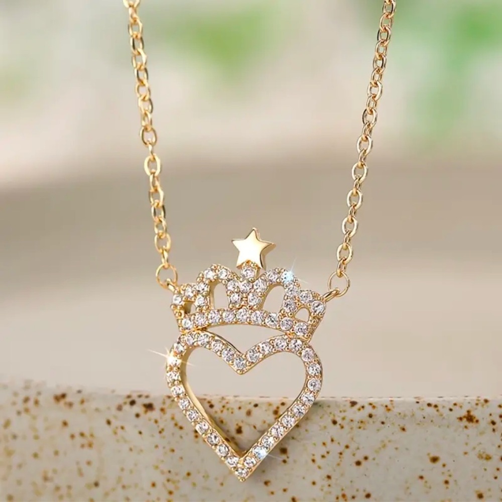 Cubic Zirconia Heart and Crown Necklace, Cubic Zirconia Crown and Heart Necklace